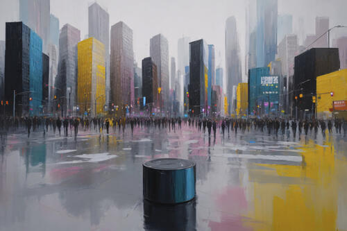 A rainy modern city scene with tall colorful skyscrapers in yellow, blue and pink tones. Large crowds walk across a wet reflective plaza, and a round black-and-blue pedestal sits in the foreground. The atmosphere is misty with glowing streetlights and neon